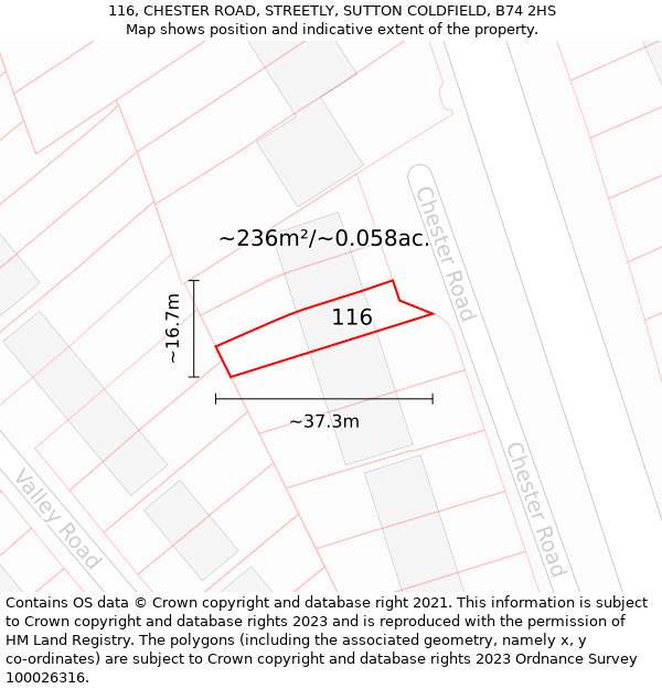 116, CHESTER ROAD, STREETLY, SUTTON COLDFIELD, B74 2HS: Plot and title map