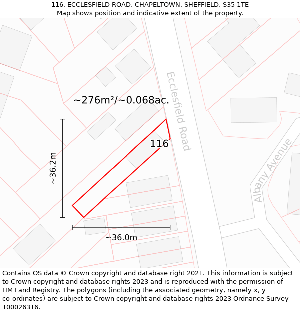 116, ECCLESFIELD ROAD, CHAPELTOWN, SHEFFIELD, S35 1TE: Plot and title map