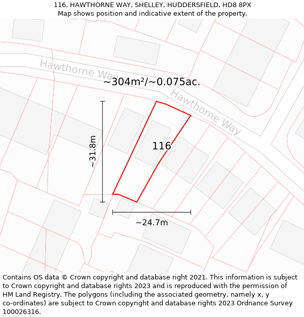 116, HAWTHORNE WAY, SHELLEY, HUDDERSFIELD, HD8 8PX: Plot and title map