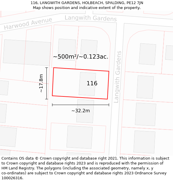 116, LANGWITH GARDENS, HOLBEACH, SPALDING, PE12 7JN: Plot and title map