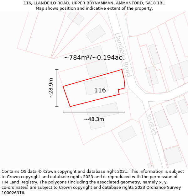 116, LLANDEILO ROAD, UPPER BRYNAMMAN, AMMANFORD, SA18 1BL: Plot and title map