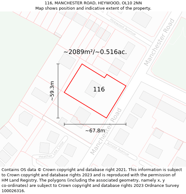 116, MANCHESTER ROAD, HEYWOOD, OL10 2NN: Plot and title map