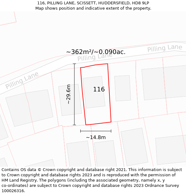 116, PILLING LANE, SCISSETT, HUDDERSFIELD, HD8 9LP: Plot and title map