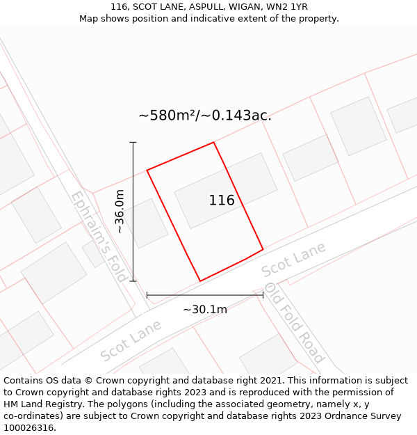 116, SCOT LANE, ASPULL, WIGAN, WN2 1YR: Plot and title map