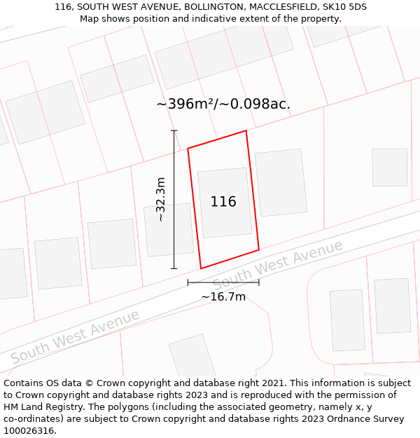 116, SOUTH WEST AVENUE, BOLLINGTON, MACCLESFIELD, SK10 5DS: Plot and title map