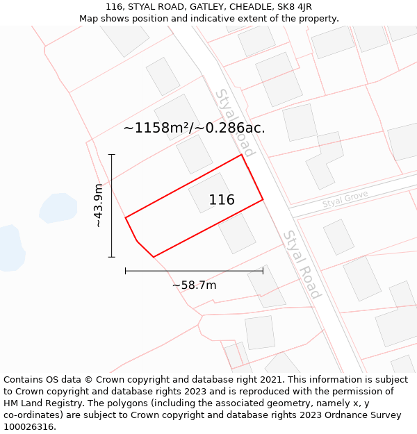 116, STYAL ROAD, GATLEY, CHEADLE, SK8 4JR: Plot and title map