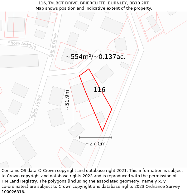 116, TALBOT DRIVE, BRIERCLIFFE, BURNLEY, BB10 2RT: Plot and title map