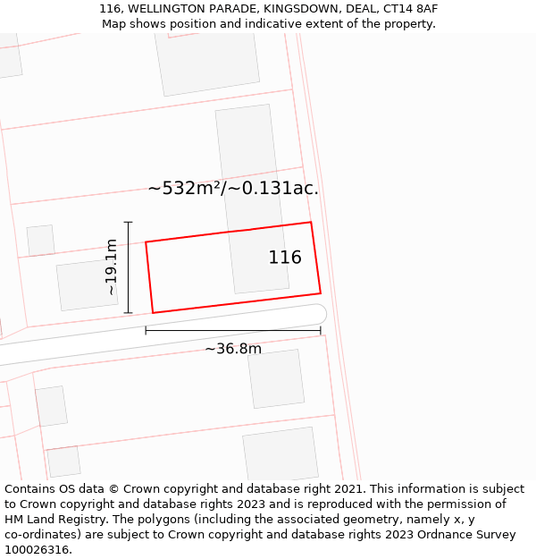 116, WELLINGTON PARADE, KINGSDOWN, DEAL, CT14 8AF: Plot and title map