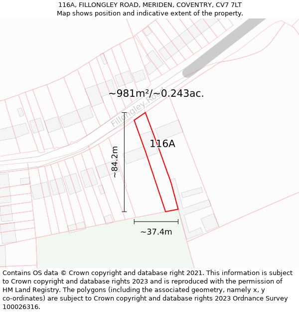 116A, FILLONGLEY ROAD, MERIDEN, COVENTRY, CV7 7LT: Plot and title map