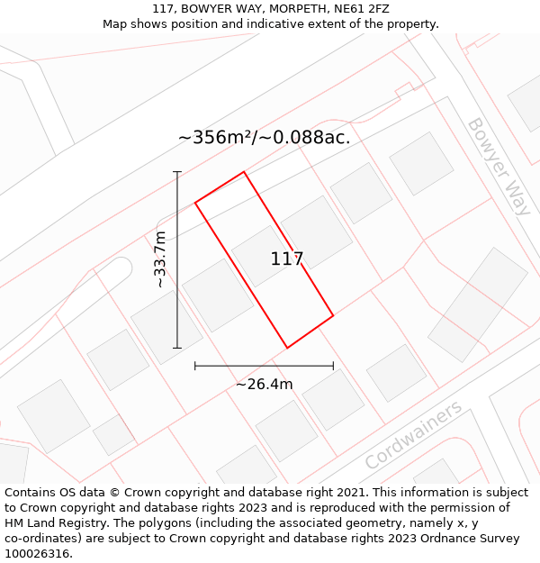 117, BOWYER WAY, MORPETH, NE61 2FZ: Plot and title map