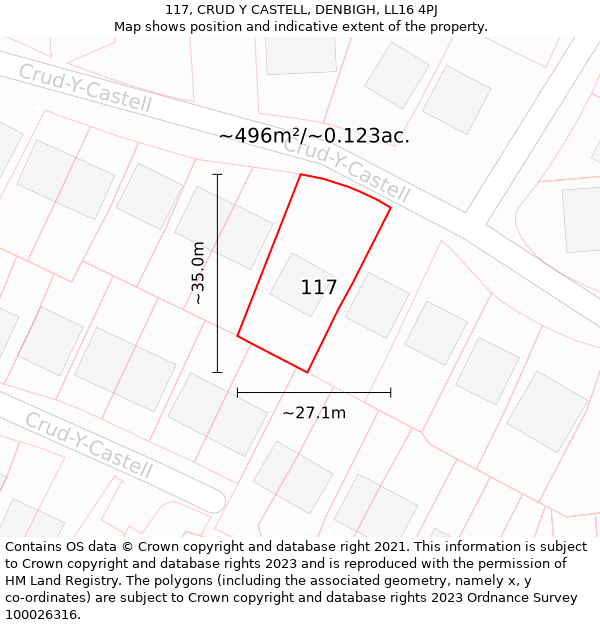 117, CRUD Y CASTELL, DENBIGH, LL16 4PJ: Plot and title map