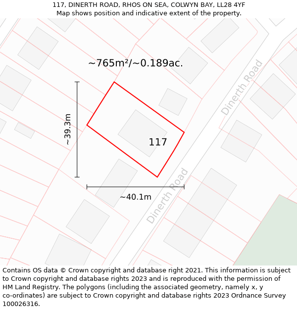 117, DINERTH ROAD, RHOS ON SEA, COLWYN BAY, LL28 4YF: Plot and title map