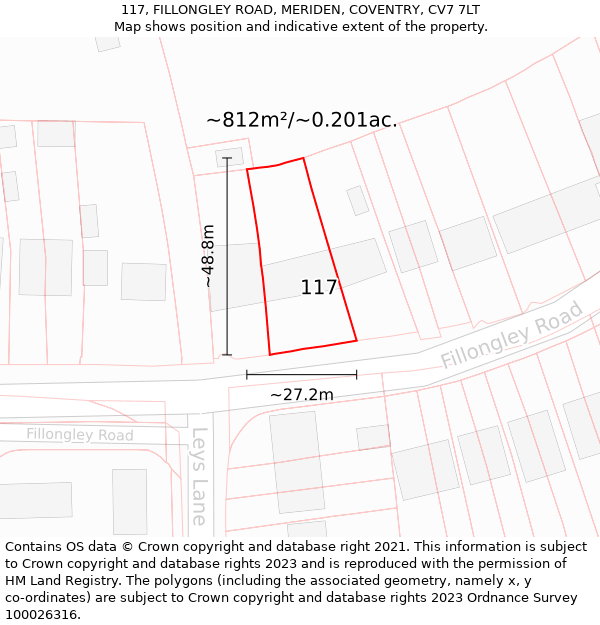 117, FILLONGLEY ROAD, MERIDEN, COVENTRY, CV7 7LT: Plot and title map