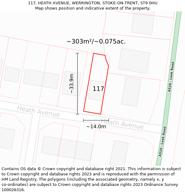 117, HEATH AVENUE, WERRINGTON, STOKE-ON-TRENT, ST9 0HU: Plot and title map