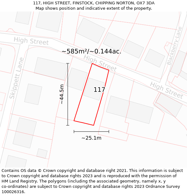 117, HIGH STREET, FINSTOCK, CHIPPING NORTON, OX7 3DA: Plot and title map