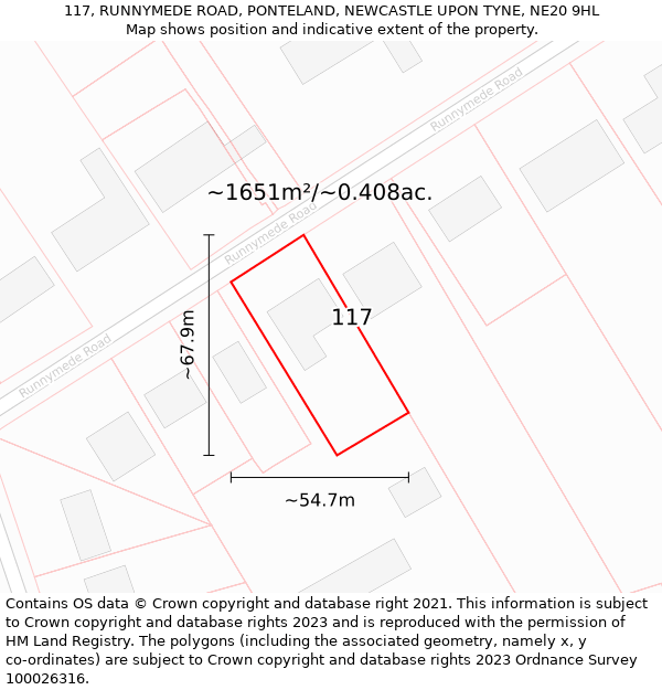 117, RUNNYMEDE ROAD, PONTELAND, NEWCASTLE UPON TYNE, NE20 9HL: Plot and title map