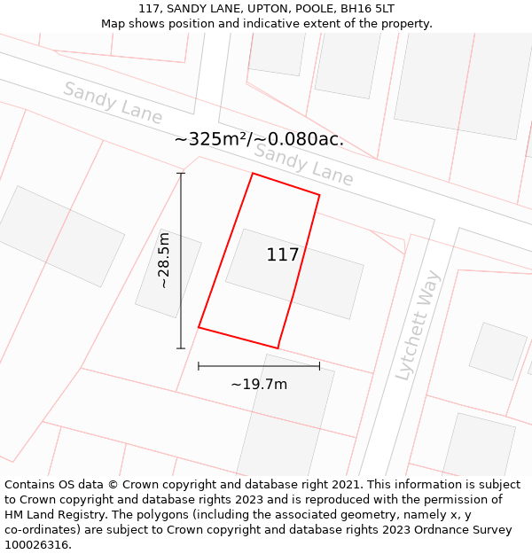 117, SANDY LANE, UPTON, POOLE, BH16 5LT: Plot and title map