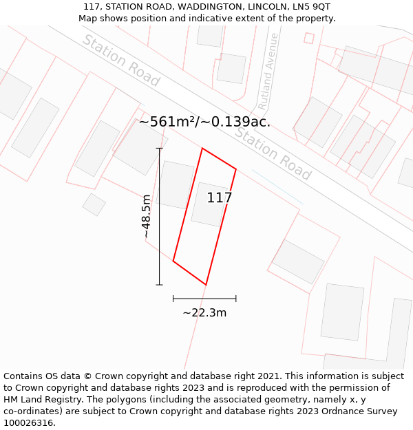 117, STATION ROAD, WADDINGTON, LINCOLN, LN5 9QT: Plot and title map