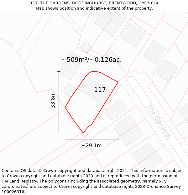 117, THE GARDENS, DODDINGHURST, BRENTWOOD, CM15 0LX: Plot and title map