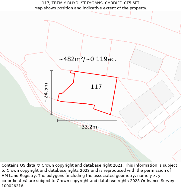 117, TREM Y RHYD, ST FAGANS, CARDIFF, CF5 6FT: Plot and title map
