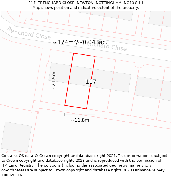 117, TRENCHARD CLOSE, NEWTON, NOTTINGHAM, NG13 8HH: Plot and title map