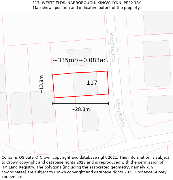 117, WESTFIELDS, NARBOROUGH, KING'S LYNN, PE32 1SY: Plot and title map