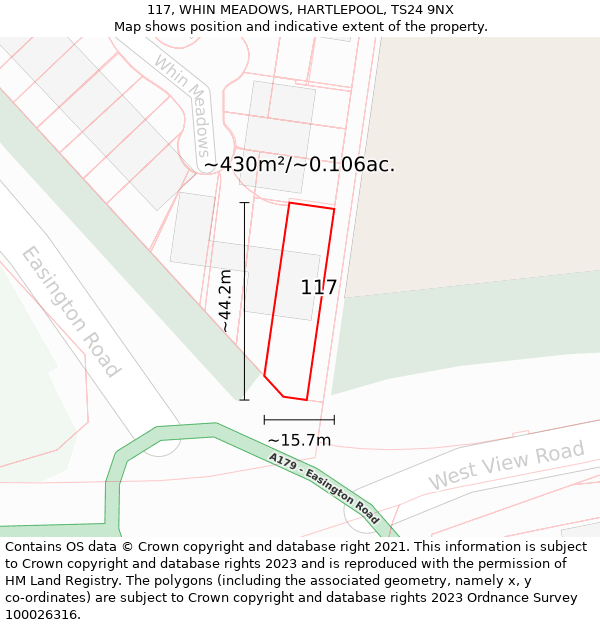 117, WHIN MEADOWS, HARTLEPOOL, TS24 9NX: Plot and title map