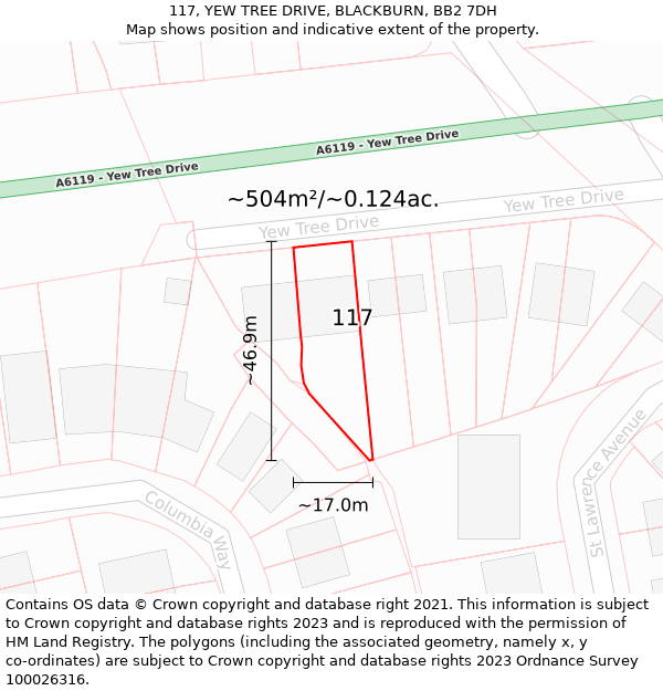 117, YEW TREE DRIVE, BLACKBURN, BB2 7DH: Plot and title map