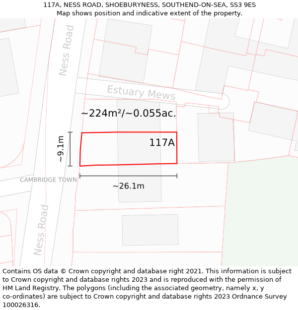 117A, NESS ROAD, SHOEBURYNESS, SOUTHEND-ON-SEA, SS3 9ES: Plot and title map