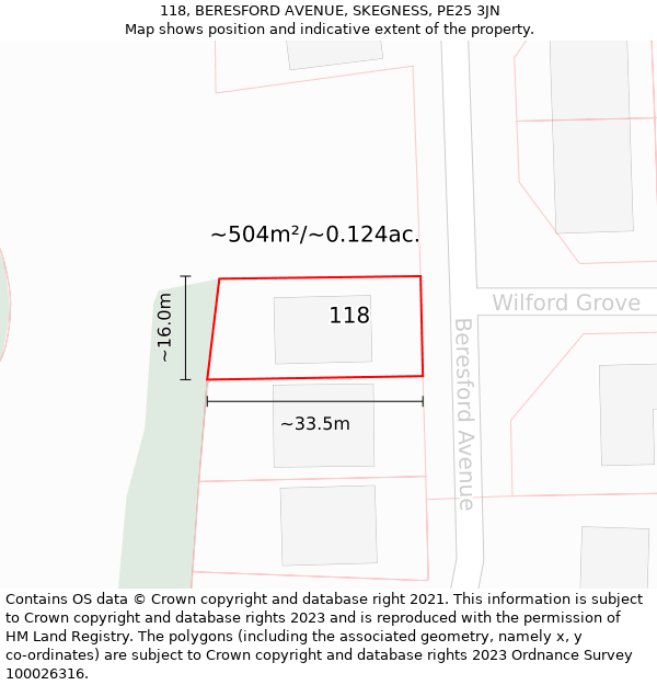 118, BERESFORD AVENUE, SKEGNESS, PE25 3JN: Plot and title map