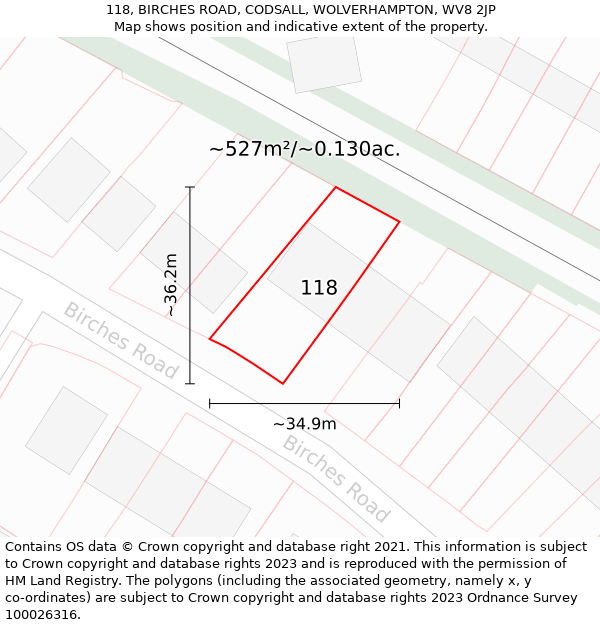 118, BIRCHES ROAD, CODSALL, WOLVERHAMPTON, WV8 2JP: Plot and title map