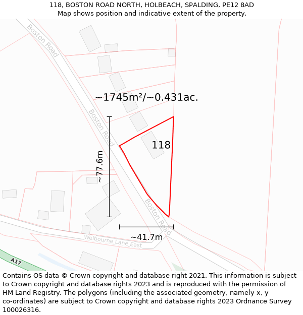 118, BOSTON ROAD NORTH, HOLBEACH, SPALDING, PE12 8AD: Plot and title map