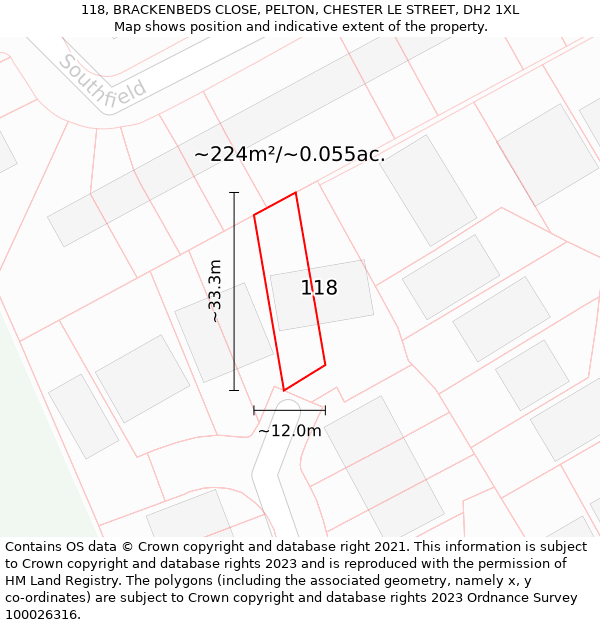 118, BRACKENBEDS CLOSE, PELTON, CHESTER LE STREET, DH2 1XL: Plot and title map