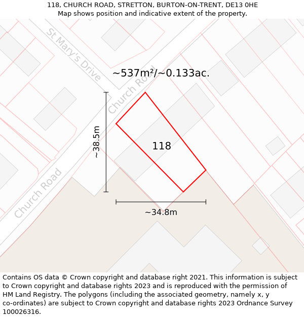 118, CHURCH ROAD, STRETTON, BURTON-ON-TRENT, DE13 0HE: Plot and title map