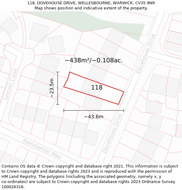 118, DOVEHOUSE DRIVE, WELLESBOURNE, WARWICK, CV35 9NR: Plot and title map