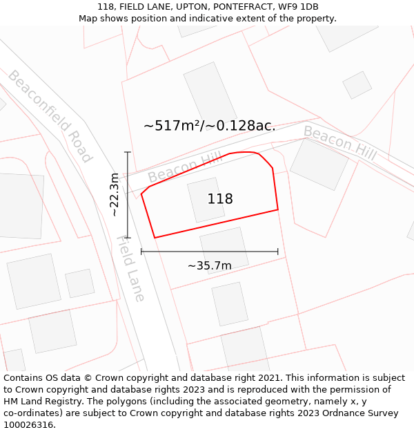 118, FIELD LANE, UPTON, PONTEFRACT, WF9 1DB: Plot and title map