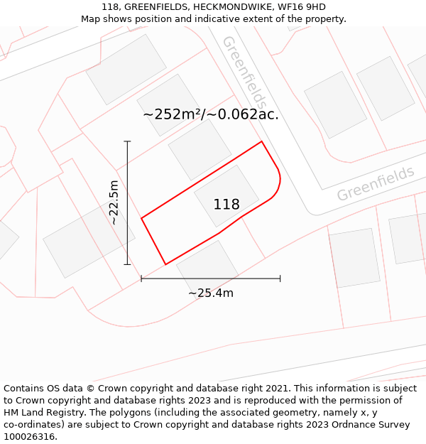 118, GREENFIELDS, HECKMONDWIKE, WF16 9HD: Plot and title map