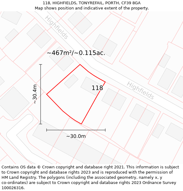 118, HIGHFIELDS, TONYREFAIL, PORTH, CF39 8GA: Plot and title map