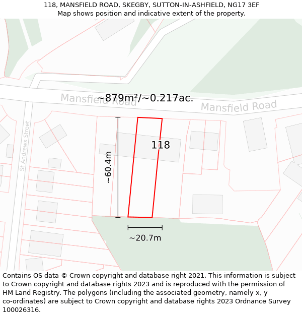 118, MANSFIELD ROAD, SKEGBY, SUTTON-IN-ASHFIELD, NG17 3EF: Plot and title map