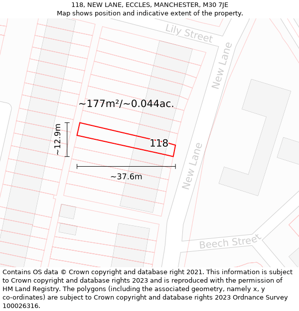 118, NEW LANE, ECCLES, MANCHESTER, M30 7JE: Plot and title map