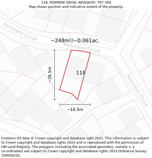 118, PENMERE DRIVE, NEWQUAY, TR7 1NS: Plot and title map