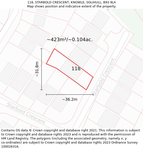 118, STARBOLD CRESCENT, KNOWLE, SOLIHULL, B93 9LA: Plot and title map