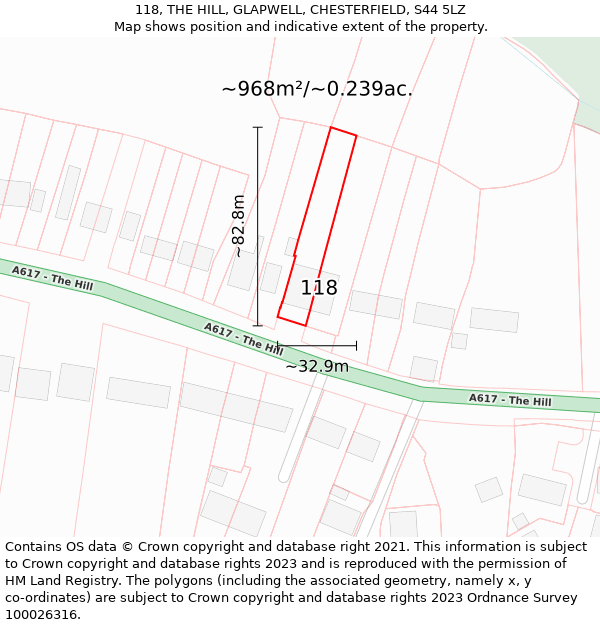 118, THE HILL, GLAPWELL, CHESTERFIELD, S44 5LZ: Plot and title map