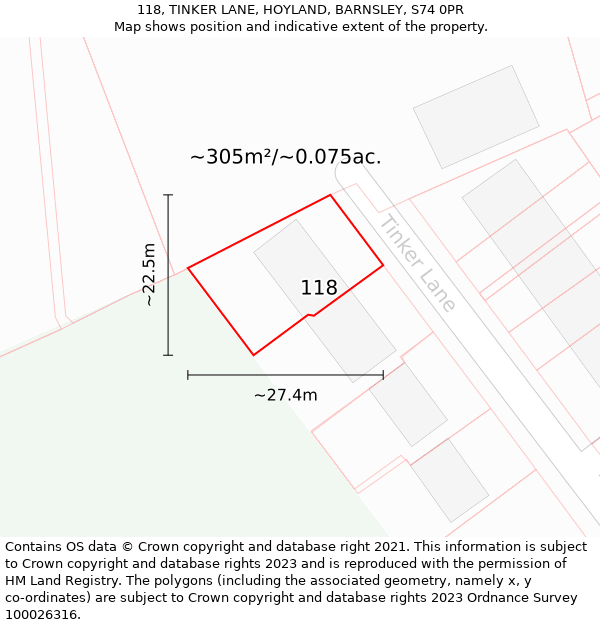 118, TINKER LANE, HOYLAND, BARNSLEY, S74 0PR: Plot and title map