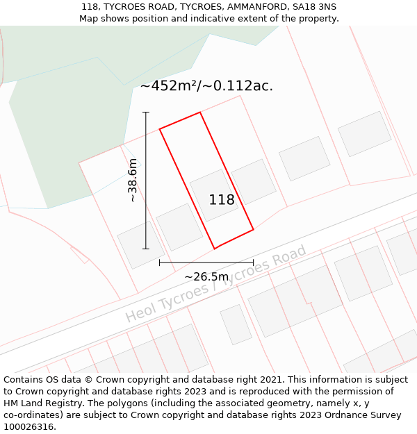 118, TYCROES ROAD, TYCROES, AMMANFORD, SA18 3NS: Plot and title map