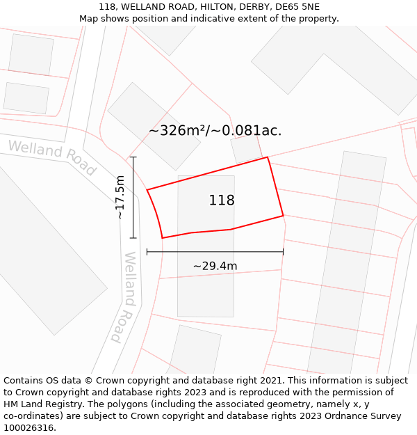 118, WELLAND ROAD, HILTON, DERBY, DE65 5NE: Plot and title map