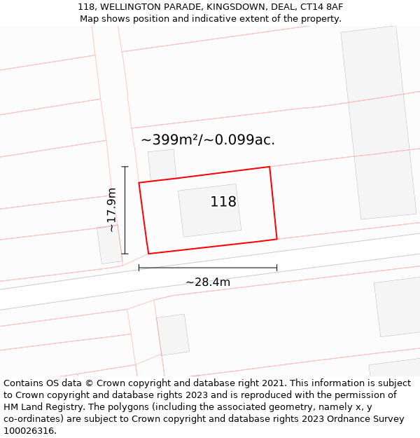 118, WELLINGTON PARADE, KINGSDOWN, DEAL, CT14 8AF: Plot and title map