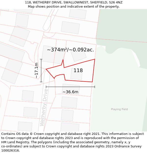 118, WETHERBY DRIVE, SWALLOWNEST, SHEFFIELD, S26 4NZ: Plot and title map