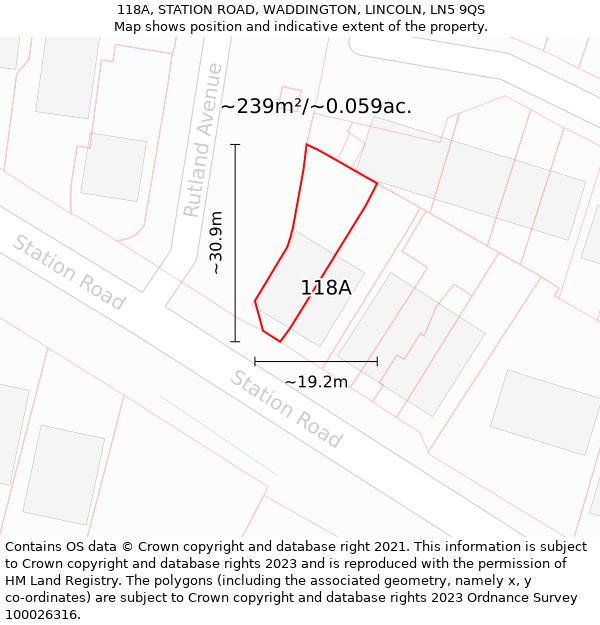 118A, STATION ROAD, WADDINGTON, LINCOLN, LN5 9QS: Plot and title map