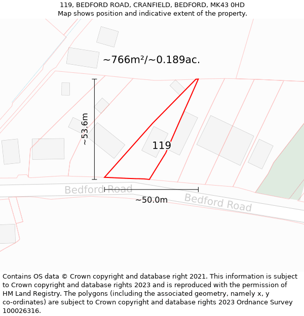 119, BEDFORD ROAD, CRANFIELD, BEDFORD, MK43 0HD: Plot and title map